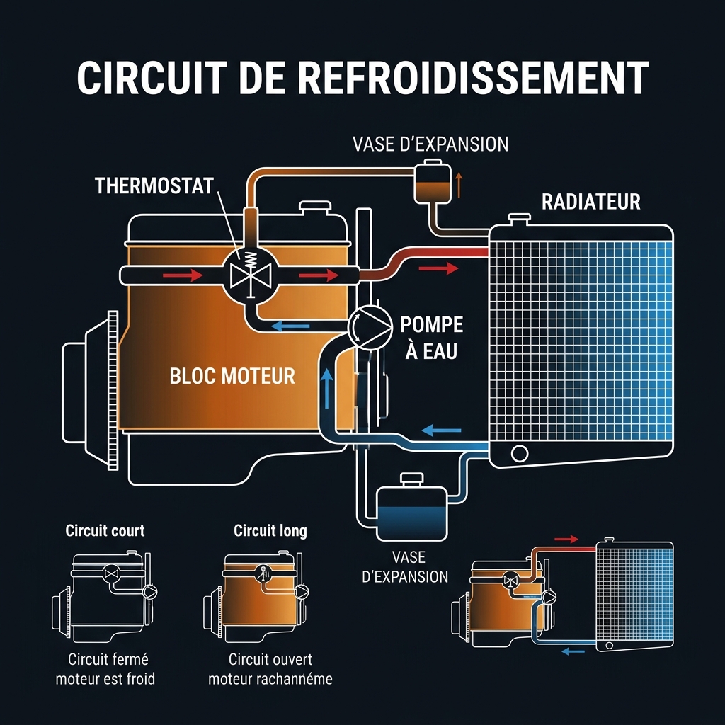 Circuit de refroidissement — thermostat, pompe à eau, radiateur et flux du liquide caloporteur
