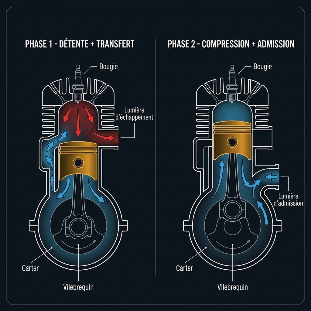 Le cycle 2 temps — lumières, carter de pré-compression et transfert du mélange
