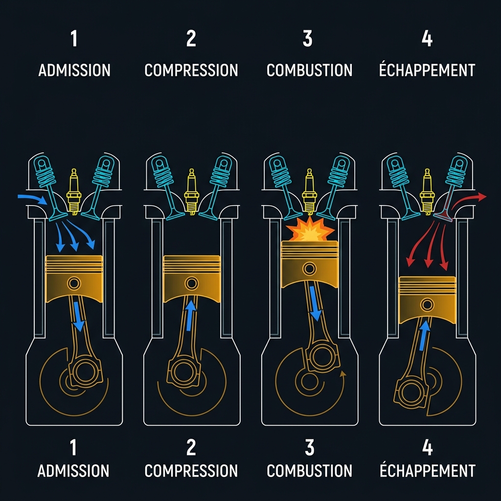 Les 4 temps du cycle Otto — positions du piston, soupapes et bougie à chaque phase