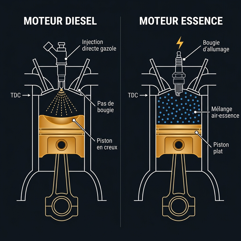 Chambre de combustion Diesel (piston en creux, injection directe) vs Essence (bougie centrale, mélange pré-formé)