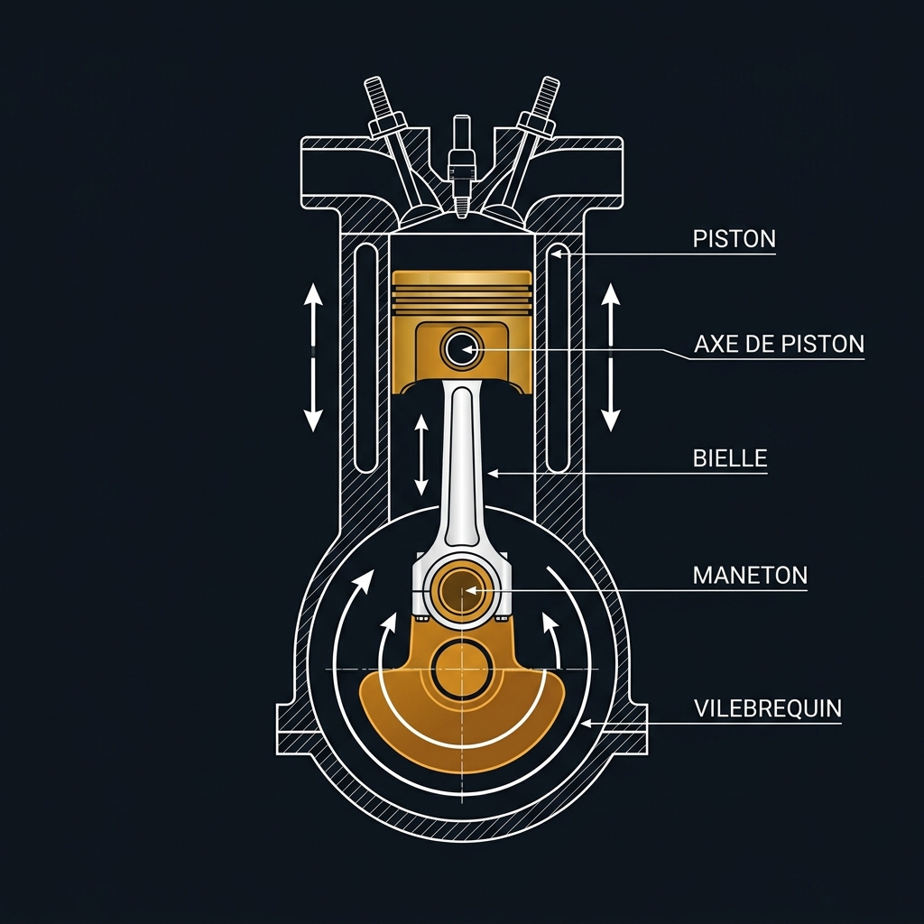Chaîne cinématique — du mouvement linéaire du piston à la rotation du vilebrequin via la bielle