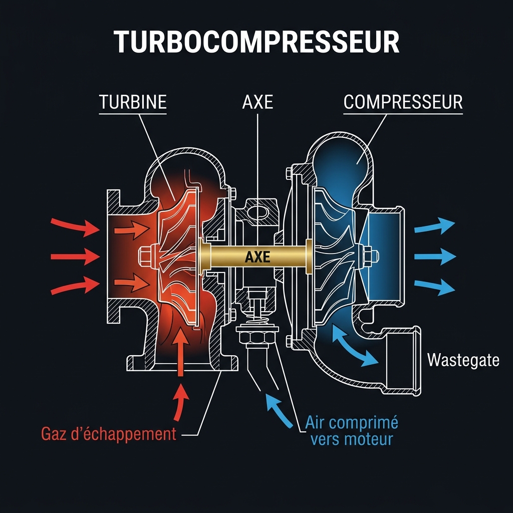 Coupe du turbocompresseur — turbine (gaz chauds) entraîne le compresseur (air frais) via l'axe central