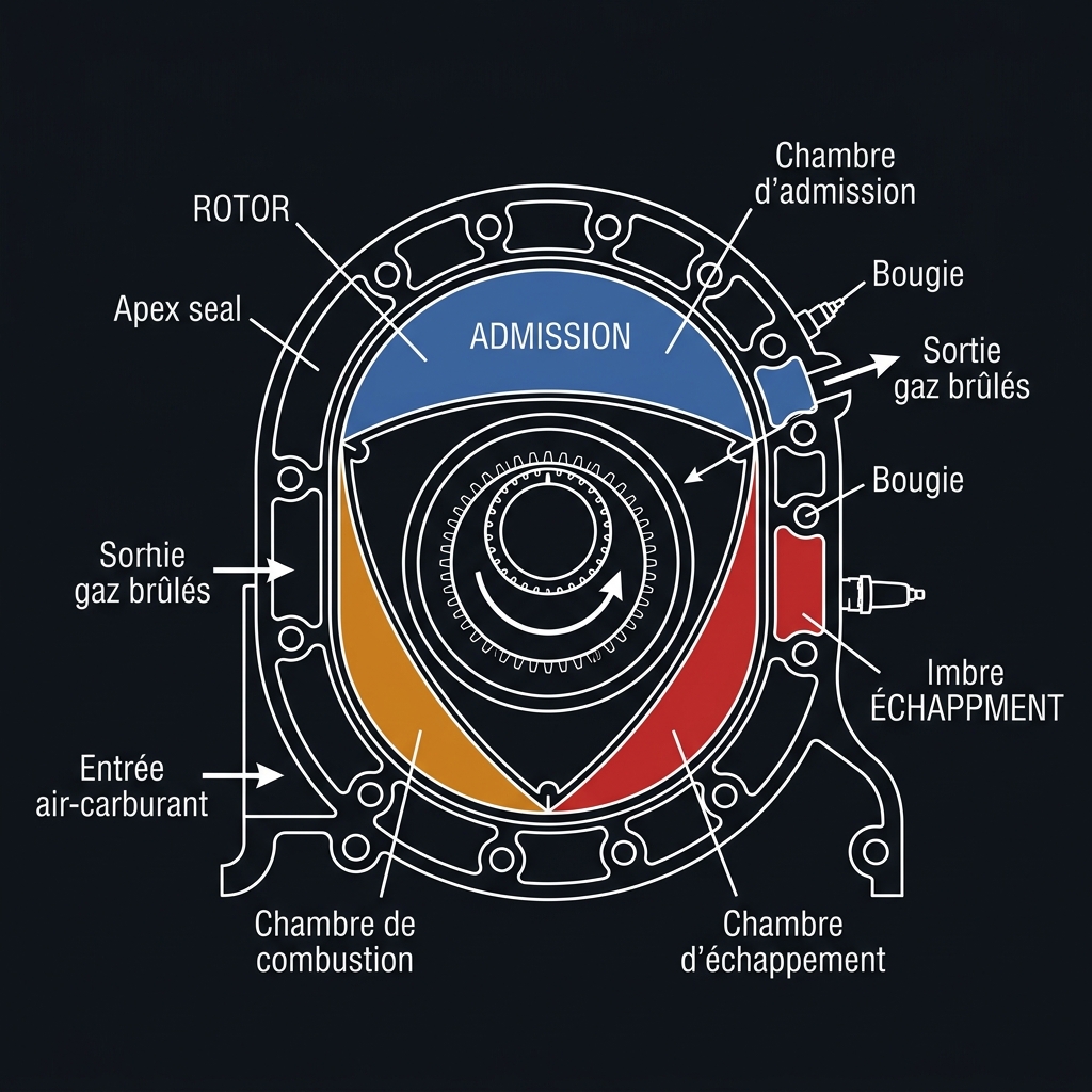 Rotor Wankel dans sa chambre épitrochoïdale — 3 chambres simultanées (admission, combustion, échappement)